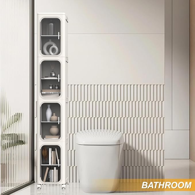 Slim Tall Bathroom Cabinet, Narrow Bathroom Organizer with Doors and Shelves, Movable Skinny Organization for Small Spaces (Beige, 50"x13.39"x8.27")
