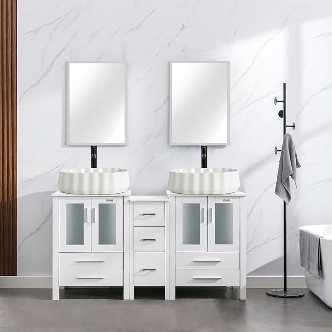 eclife 60" Modern Bathroom Vanity Sink Combo Freestanding Cabinet with Small Side Cabinet, White Shell Ceramic Vessel Sink, Water Save Faucet, Drain (White+T54)