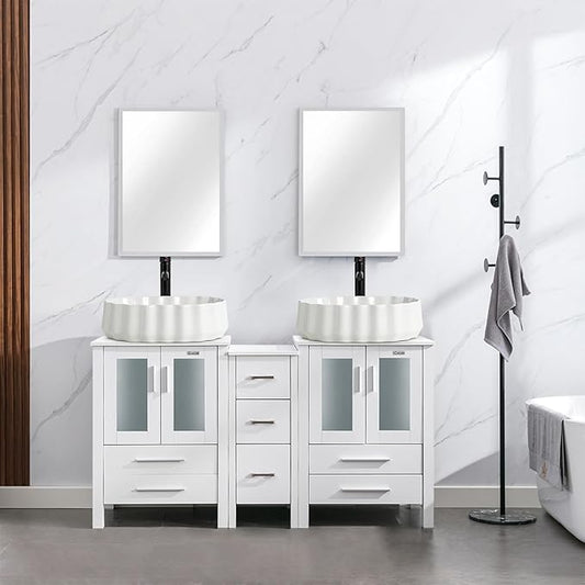 eclife 60" Modern Bathroom Vanity Sink Combo Freestanding Cabinet with Small Side Cabinet, White Shell Ceramic Vessel Sink, Water Save Faucet, Drain (White+T54)
