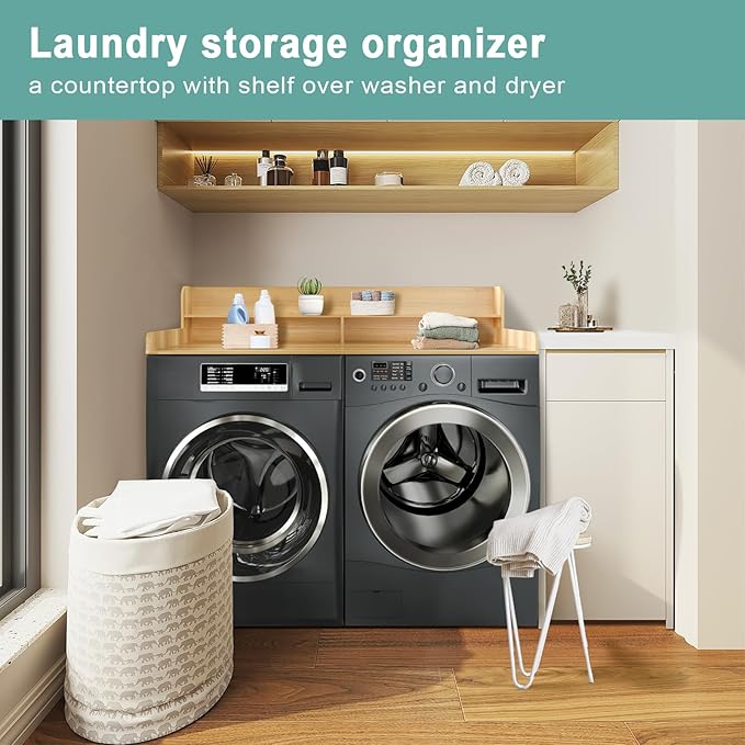 Wooden Laundry Countertop with 2 Tier Shelf, 54" x 27.5" Washer and Dryer Countertop with Topper Organization Waterproof Surface, Universal Fit (Burlywood, 54X27.5IN)