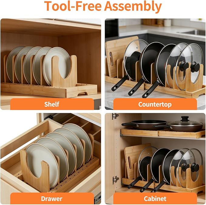Bamboo Pots and Pans Organizer under Cabinet, Expandable Pot lid Holder Rack and cutting board organizer, Adjustable Bakeware Cookie Sheet Tray for Kitchen Storage