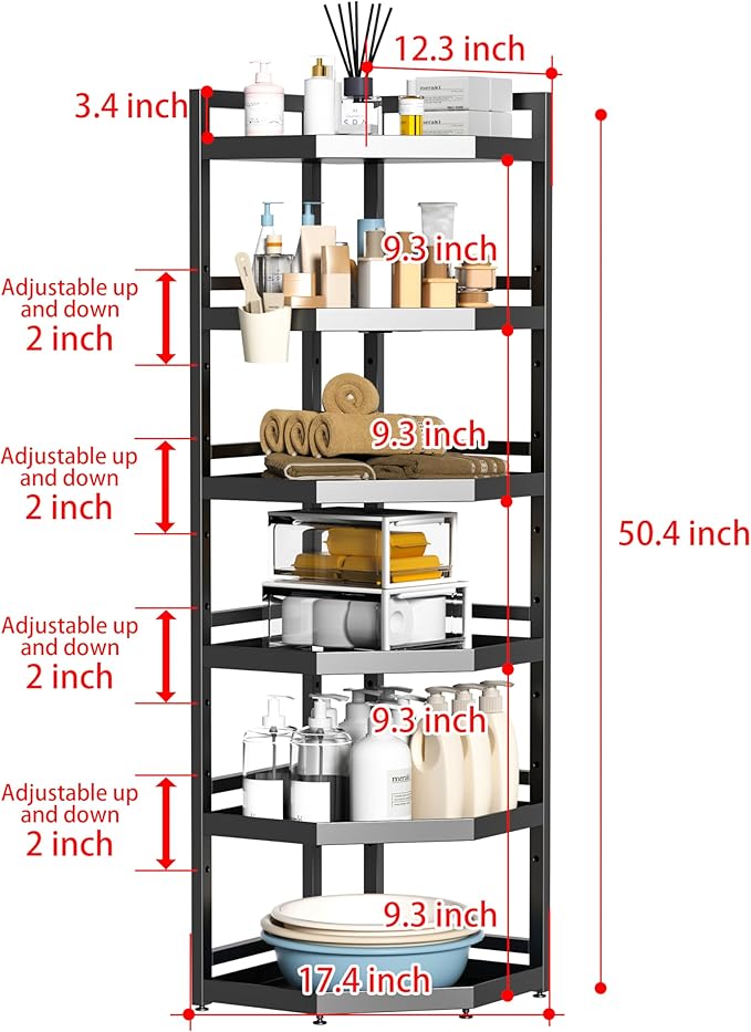 6 Tier Standing Corner Shower Caddy,Waterproof and Rust Proof,Adjustable Height,Multi-functional Tiered Storage for Shower Gel,Shampoo,Cosmetics,Kitchen Supplies,Black