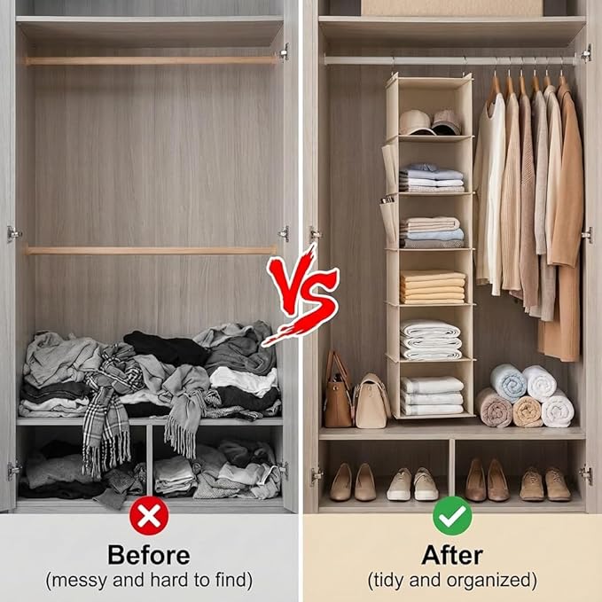 2 Pack 6-Shelf Hanging Closet Organizer, Closet Hanging Storage Shelves with Side Pockets for Clothes, Shoes, Accessories, Wardrobe Organizer, Space Saving Solution
