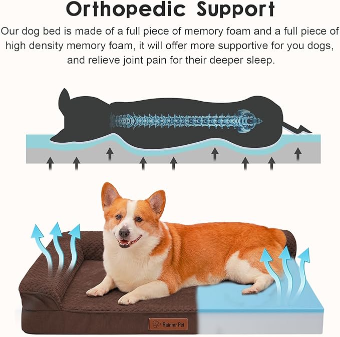 Orthopedic Dog Beds Large Sized Dog, 36x27x6 Inches Memory Foam Pet Bed for Large Dogs, Washable Removable Cover, Nonskid Bottom, Waterproof, Brown Grey