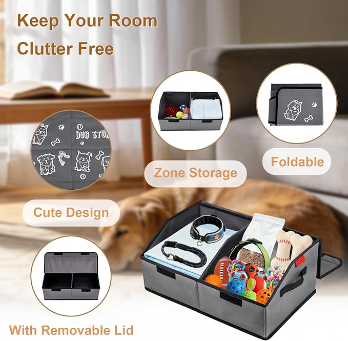 Sturdy Removable Divider Dog Toy Basket with Lid, 19" Collapsible Pet Storage and Handle，600D Cute Living Room Puppy Organizer for Pet Toys, Blankets and Accessories - Grey 2 Pack