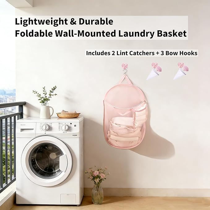 Pink Foldable Mesh Pop Up Laundry Hamper Set with Washing Machine Pet Hair Catcher, Lint Remover & Self-Adhesive Bow Hooks – Breathable and Space-Saving Design for Balcony Laundry Room Organization