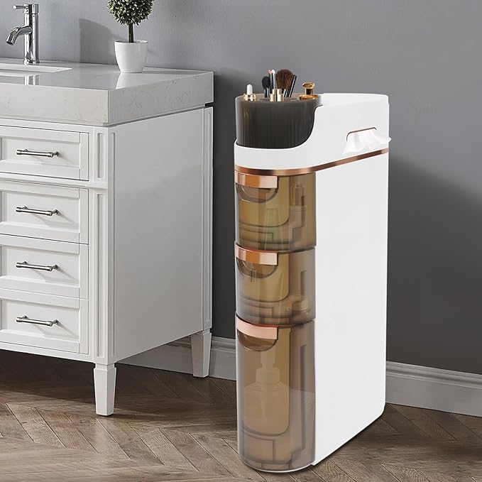 Xuthusman 3 Tier Slim Bathroom Storage Cabinet, Skinny Bathroom Storage Cabinet with Drawers Rollers Movable Narrow Floor Cabinet No-Assembly Narrow Cabinet for Small Spaces Kitchen
