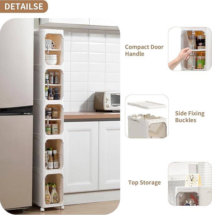 Narrow Bathroom Storage Cabinet with Wheels, 4-Tier Plastic Slim Organizer with Adjustable Shelves for Small Spaces,Bathroom, Kitchen, Milky White