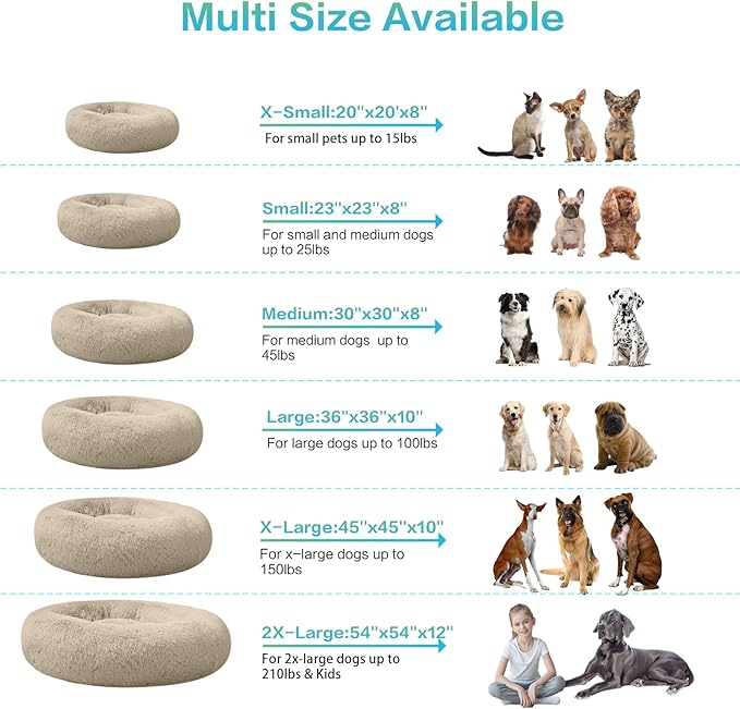 SAVFOX 54 inches Calming Donut Dog Bed - 3X Durable Plush Faux Fur, Machine Washable & Non-Slip, Fits up to 210 lbs, Removable Cover, Beige