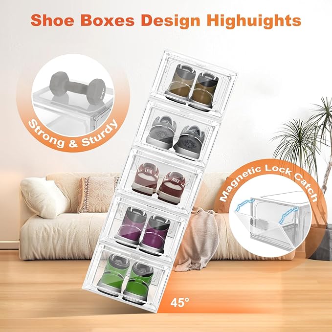Shoe Box, Clear Shoe Storage Organizer with Magnetic Door,Stackable Plastic Shoe Boxes for Sneakers,and Heels,Durable Shoe Cabinet Organizer Space-Saving Foldable Shoe Rack for Closet, (clear, 4 pcs)