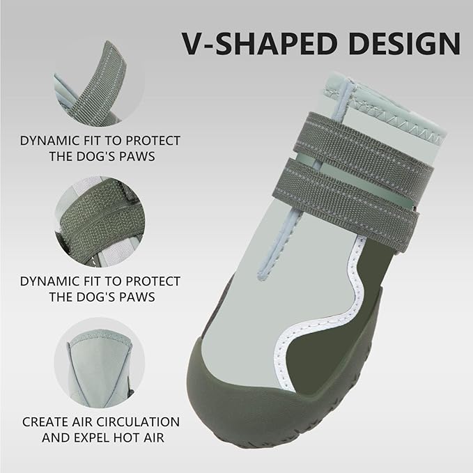 Dog Shoes Small Medium Large Size Dogs, Puppy Booties Paw Protector for Hot Pavement, Non-Slip Waterproof Rubber Reflective Strapped Boots (Green, Size 7#: (3.2 * 2.8) (L*W) for 63-75lbs)