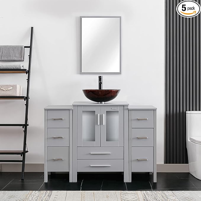 eclife 48" Modern Bathroom Vanity Sink Combo Freestanding Cabinet with Small Side Cabinet, Brown Round Glass Vessel Sink, Water Save Faucet, Drain (Gray+A09)
