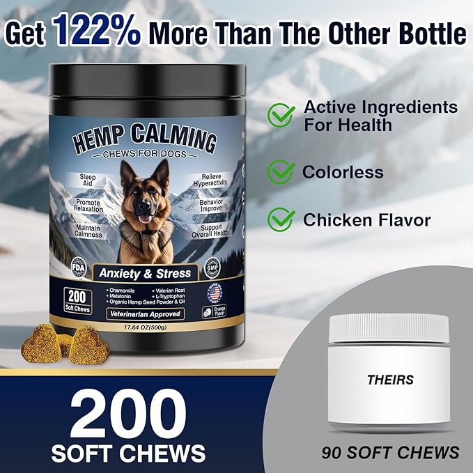 Calming Chews for Dogs 200 ct Hemp Dog Calming Chews - Anxiety and Stress Relief Treats Melatonin Bites Sleep Aid for Small/Medium/Large Dogs Calm Dog - Separation, Fireworks, Thunder, Barking,Orange