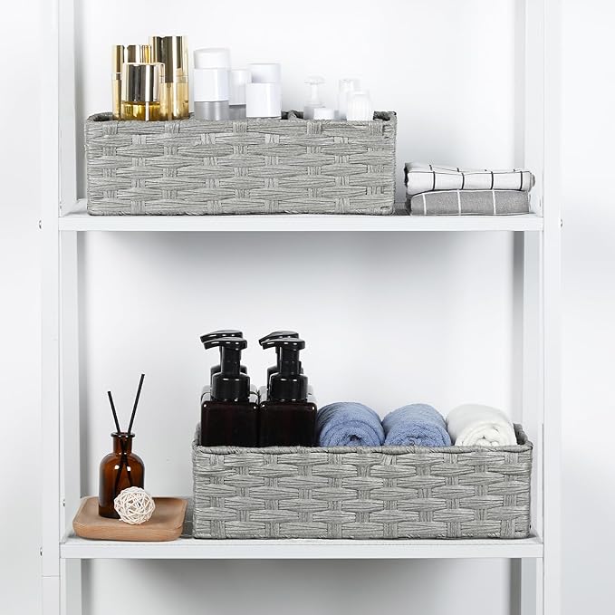 Bidtakay Narrow Wicker Bins for Organizing 2-Pack Decorative Baskets for Washroom Waterproof Imitation Small Wicker Storage Baskets for Shlef Closet Bedroom Entryway Office Desk Light Grey