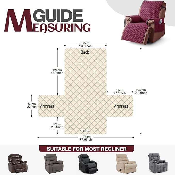 KinCam 100% Waterproof Recliner Chair Cover, Reclining Couch Covers for Pets, Dogs, Recliner Couch Slipcover Furniture Protector with Elastic Straps for Kids(23.6", Burgundy)