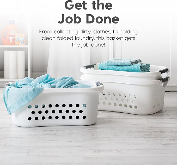 IRIS USA 50L Plastic Hip Hold Laundry Basket with Handles, 1 Pack, White + Extra Sticky Lint Roller Value Pack Comes with Container, Refills, Standard & Large Rollers, Pet Hair Remover for Laundry