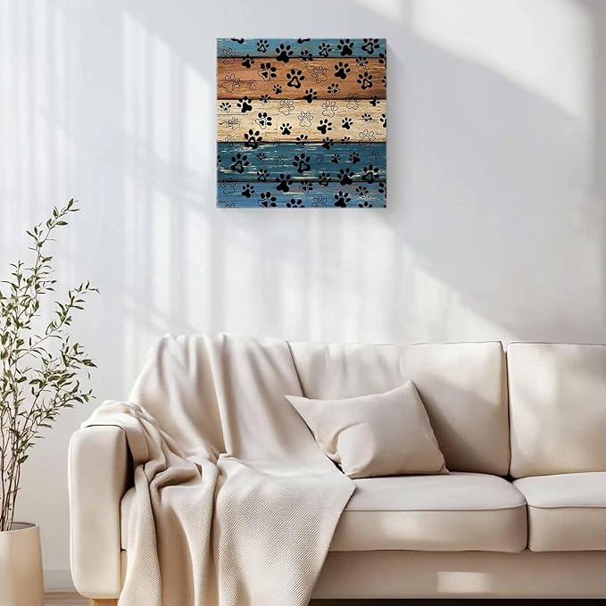Framed Canvas Wall Art for Living Room Dog Paw Print Wall Decor, Retro Brown Blue Wood Grain Aesthetic Paintings for Bedroom Office Kitchen Bathroom, Ready to Hang Artwork Wall Pictures 8x8 Inch