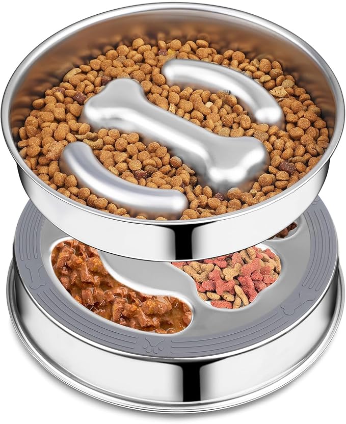 Small Dog/Puppy Slow Feeder, Stainless Steel Feeding Bowl with Unique Bone Design for Slower Eating Non-Slip Base