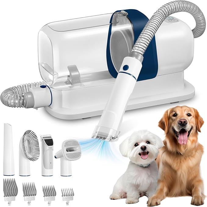 Pet Dog Grooming Vacuum Kit with 2.3L Capacity Larger Pet Hair Dust Cup Dog Brush Vacuum for Shedding Vacuum Cleaner with 4 Proven Grooming Tools（Blue）