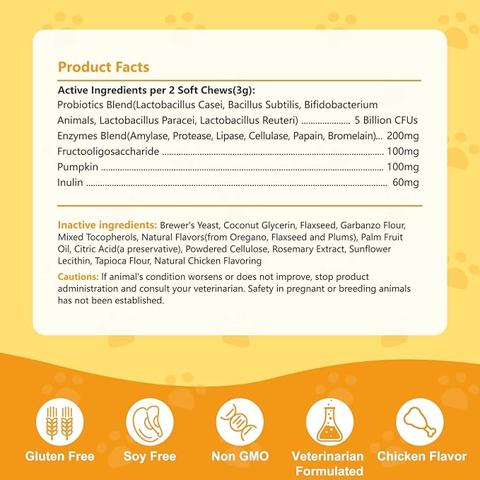 Probiotics for Dogs & Cats, with Prebiotics, Digestive Enzymes,Inulin, Pumpkin for Digestive, Gut, Skin & lmmune Health, Reduce Diarrhea & Gas, Small and Large Dog & Cats, 120 Chews