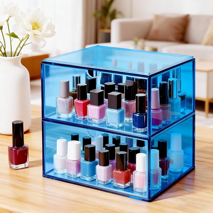 Acrylic Desk Organizer with Drawers Stackable Makeup Organizer for Vanity Office Countertop Cosmetic Display Cases Makeup Storage Box, Sky Blue
