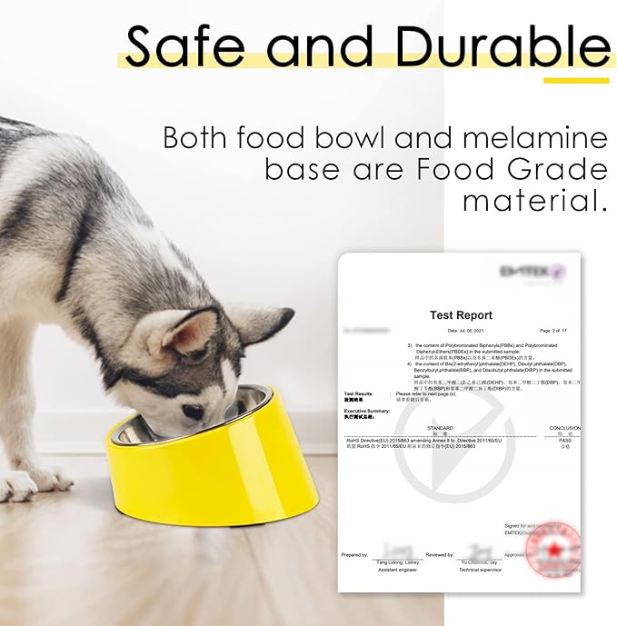 SuperDesign Mess Free 15° Slanted Bowl for Dogs and Cats, Tilted Angle Bulldog Bowl Dog Feeder, Non-Skid & Non-Spill, Easier to Reach Food L/2 Cup Bright Yellow