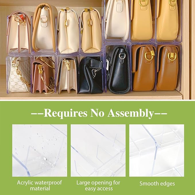 2 Pcs Purse Organizer for Closet, Acrylic Clear Purse Storage Organizers, Closet Organizers and Storage Purse Handbag Divider Holder, 4 Sections Purse Organizers Dividers in Bedroom Office (green)