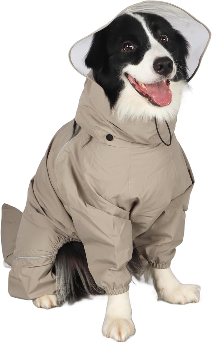 Dog Raincoat for Medium Large Dogs,rain Jacket Coat, Full Leg Coverage Waterproof Rain Suit with Detachable Hood & Tail, Reflective Strips, Snag-Free Top Zipper (Khaki for Girl, Small)