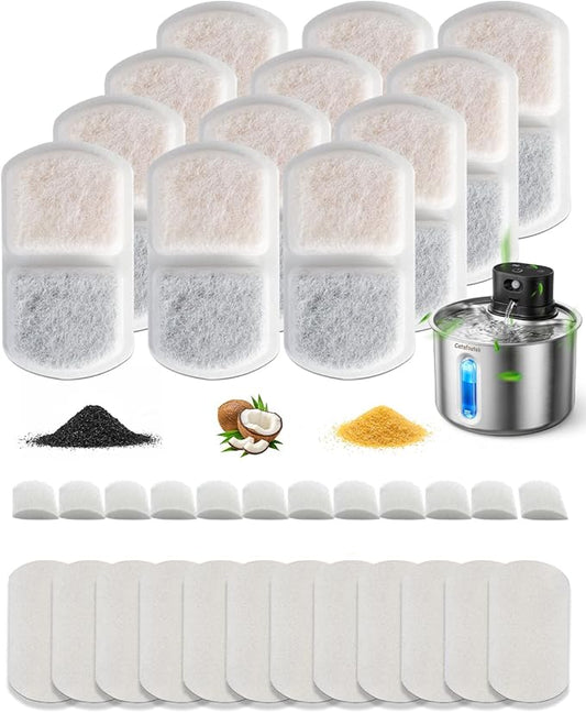 12 Pack Wireless Cat Water Fountain Replacement Filter, Cordless Stainless Steel Cat Fountain for 74oz/2.2L Rechargeable Automatic Pet Water Fountain for Cats