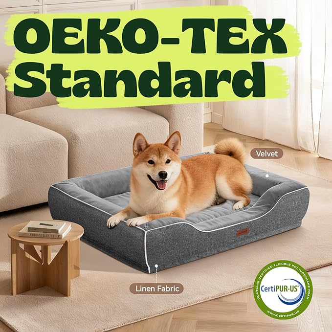 Orthopedic Dog Beds Large Sized Dog with Removable Faux Fur Washable Covers,Waterproof Pet Couch Bed with Cooling Gel Memory Foam and Bolster Side for Big Breed Pets,36" Dark Grey