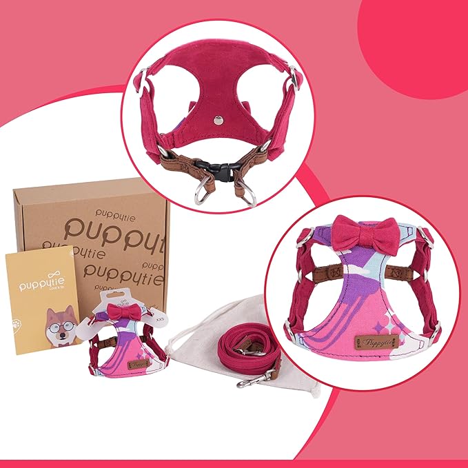 Puppytie No Pull Small Dog Harness with Multifunction Dog Leash,Lightweight Soft Adjustable No Choke Escape Proof Pet Harness Vest Pet Harness Vest,Suede Bow Wine red,S