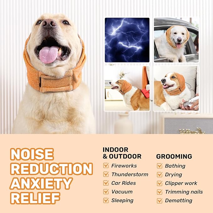 Dog Calming Hoodie, No Shake Ear Wraps for Dogs, Adjustable Dog Ear Muffs for Noise Protection, Ear Wrap Head Cover for Anxiety Relief & Hematoma (Vitality Orange, M(Head Circle:13.8"-18.9"))