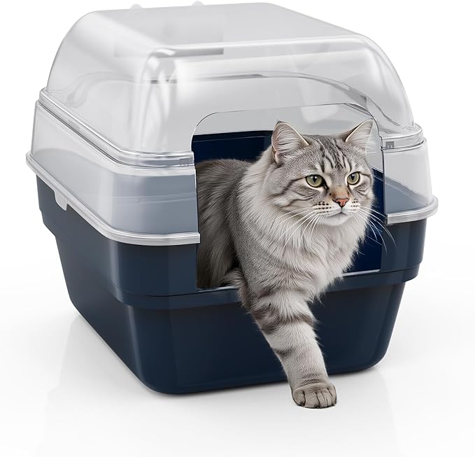 Large Cat Litter Box with Transparent Lid, Foldable Hooded Litter Box with Front Door Flap for Privacy, Easy Clean Non-Sticky Litter Box with Intelligent Deodorizing, (21.6" L x 17.8" W x 17.3" H)