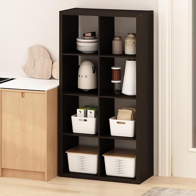 Furinno Hermite 8-Cube Open Shelves Kitchen Storage, Kitchen Island, Bakers Rack, Buffet Sideboard, Black Dark Oak