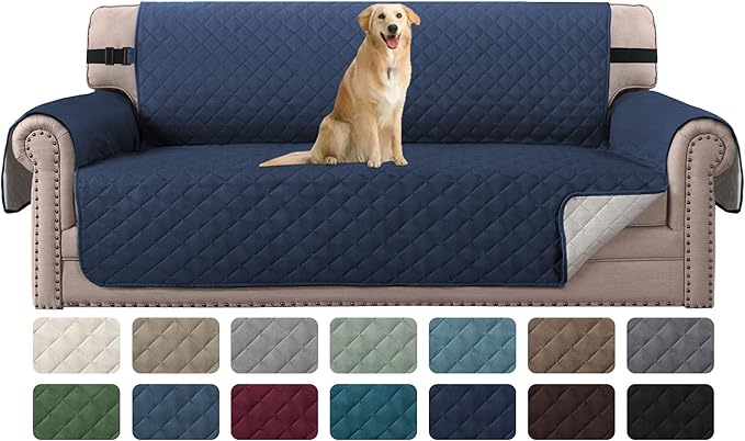H.VERSAILTEX Reversible Couch Cover Sofa Cover Water Resistant Furniture Protector for Dogs Non Slip Couch Cover with Elastic Strap Machine Washable Sofa Slipcover Seat Width to 66"(Sofa, Navy/Beige)