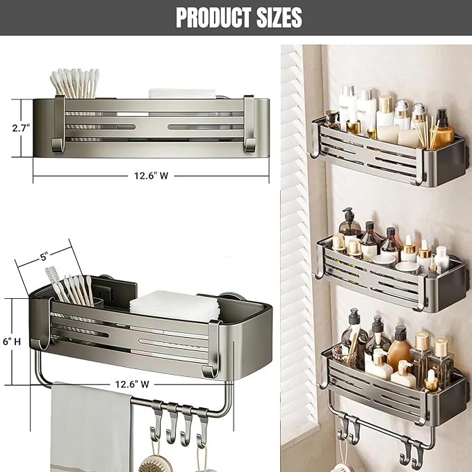 3Pcs Corner Shower Shelf Caddy Suction Cup, No Drill Hole with Towel Bar and Hook, Gray Bathroom Storage Rack, Zero Drill Square Shelves, Store Toiletries and Bath Towel for Bathroom Kitchen RV