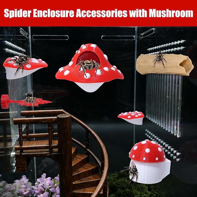9 Pcs 3D Jumping Spider Enclosure Accessories Set, Red Magnetic Jumping Spider Mushroom Platforms, Climbing Net Trunk Hideouts for Small Pets Terrarium Decor