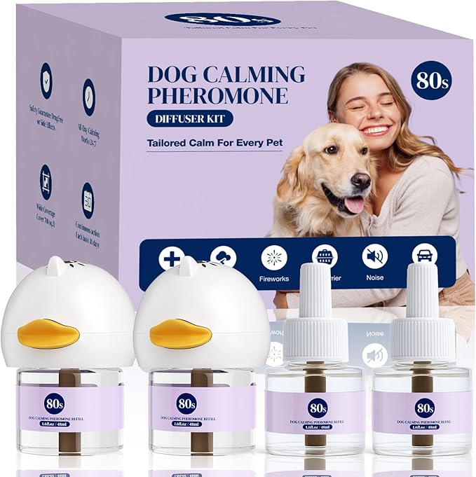 80S Dog Calming Diffuser, 6-in-1Dog Pheromones Calming Diffuser - for Stress, Destructive Behavior, Pee Accidents, Separation Anxiety, Barking, Aggression & Chewing - Help Train Dogs to Pee