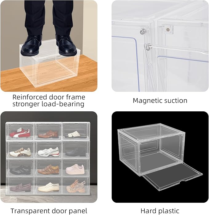 12 Pack Clear Shoe Boxs, Acrylic Shoe Storage Box W/ Magnetic Door, Side Door Opening, Stackable Shoe Container, Multifunctional Sneaker Organizer, Acrylic Shoe Display Case 13.39*10.63*8.66in
