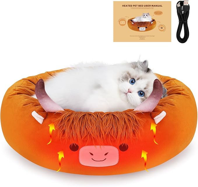 Highland Cow Heated Cat Bed - Cute Round Dog Bed for Winter, Warming Pet Bed for Indoor Cats & Small Dogs, Washable Calming Nest with Heating Pad & Timer, Cow Pet Heating Pad for Cats and Dogs