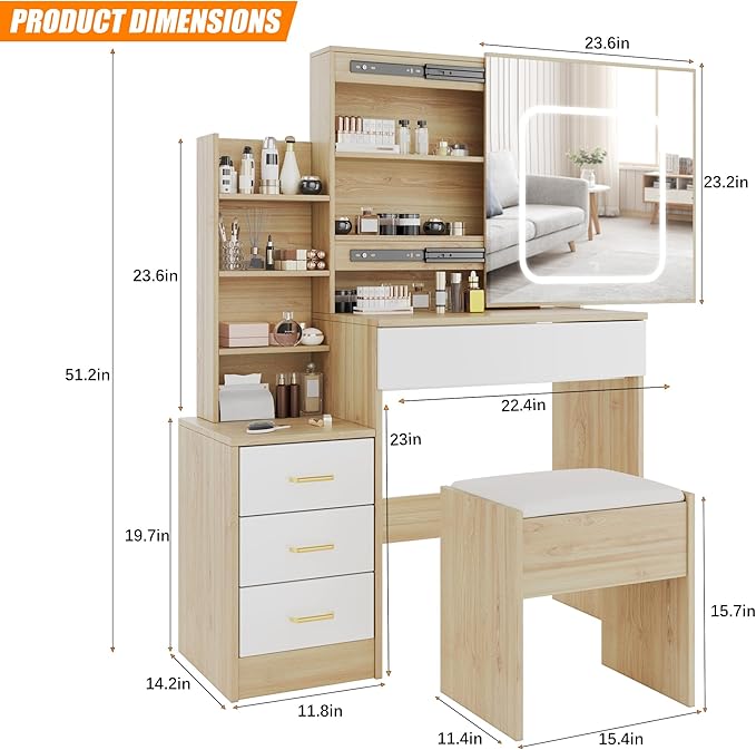 Vanity Desk with Sliding LED Mirror, Makeup Dressing Table with 4 Drawers, Storage Shelves, Power Outlet & Cushioned Stool, Adjustable 3 Lighting Modes, Modern Makeup Vanity Set for Bedroom, Natural