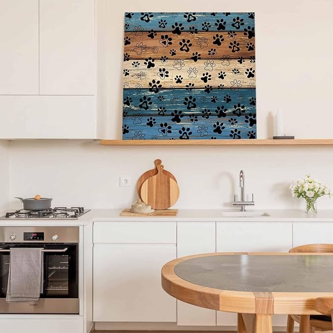 Framed Canvas Wall Art for Living Room Dog Paw Print Wall Decor, Retro Brown Blue Wood Grain Aesthetic Paintings for Bedroom Office Kitchen Bathroom, Ready to Hang Artwork Wall Pictures 20x20 Inch