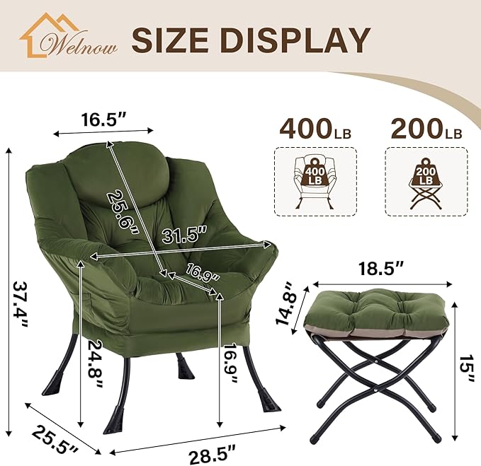 Welnow Lazy Chair with Ottoman, Modern Reading Lounge Accent Chair with Armrests and a Side Pocket, Leisure Upholstered Lazy Sofa Set with Footrest for Small Space, Army Green