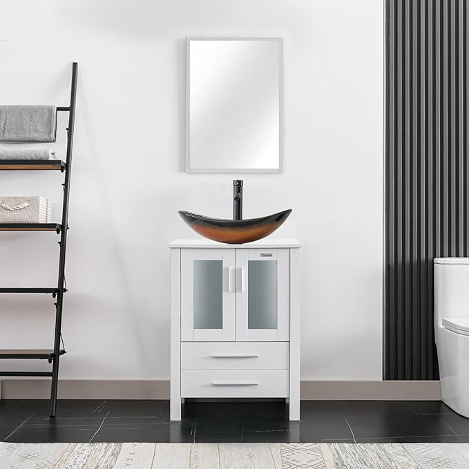 eclife 24" Modern Bathroom Vanity Sink Combo Freestanding Cabinet with Soft Closing Door, Brown Boat Glass Vessel Sink, Water Save Faucet, Drain (White+A29BR)