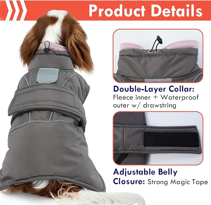 Gray Dog Coat Waterproof Jacket with Fleece Lined Windproof Coats for Small Dogs Thick Pets Clothes Soft Pet Sweater for Cold Weather Warm Winter Puffer Coat with Leash Hole