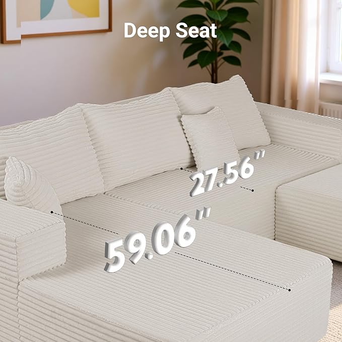Claiks 110" Boneless Couch, Cloud Couch Sectional, U-Shape Corduroy Modular Sectional Sofa Deep Seat, Upholstered Couches for Living Room, No Assembly Required, Beige