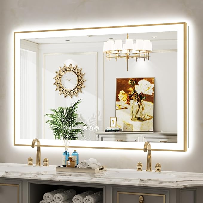 55x36 Inch LED Bathroom Mirror with Lights (Front Lit and Backlit) Gold Framed Lighted Vanity Mirror for Bathroom Wall Dimmable Anti-Fog Memory Tempered Glass Horizontal/Vertical
