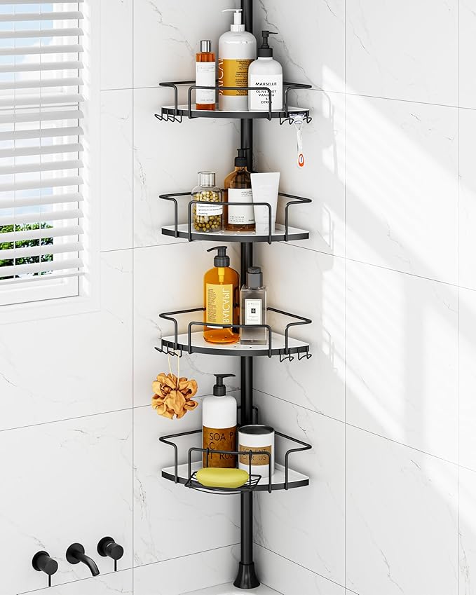 ALLZONE Corner Shower Caddy Tension Pole, 4 Repositionable Hang-On Baskets with Mixed-Height Shelves for Various Bottle Sizes, 4 Dual Hooks & Soap Holder, Rustproof Stainless Steel, Fits 34–116 Inch