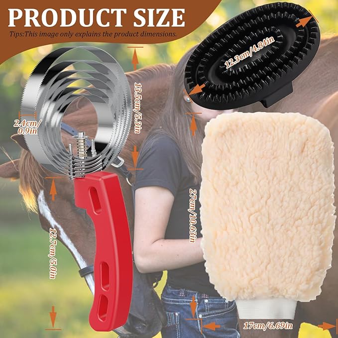 Curry Comb Kit, 6 Ring Curry Comb & Rubber Brush & Horse Grooming Mitts, Curry Comb Kit for Grooming Horses, Dogs, Goats, Cattle, Cow, Donkey Supplies