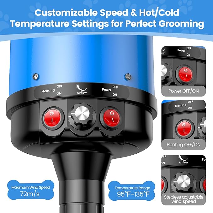 Dog Dryer, 5.2HP/3800W High Velocity Dog Hair Dryer with 4 Nozzles, Stepless Adjustable Speed & Temperature Control, Low Noise Professional Grooming Dryer (Blue)